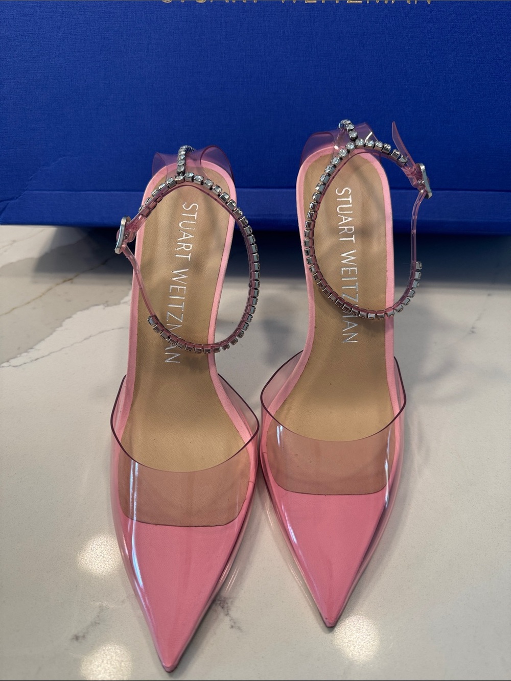Stuart Weitzman Pink PVC Pointed-Toe Rhinestone Ankle-Strap Pumps 8.5